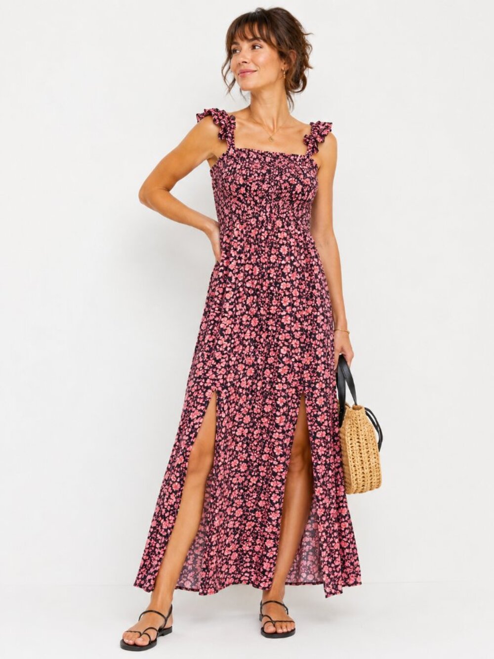 Boho Me Smocked Floral Maxi Dress Pink Black Ruffle Strap Front Slit Size Large